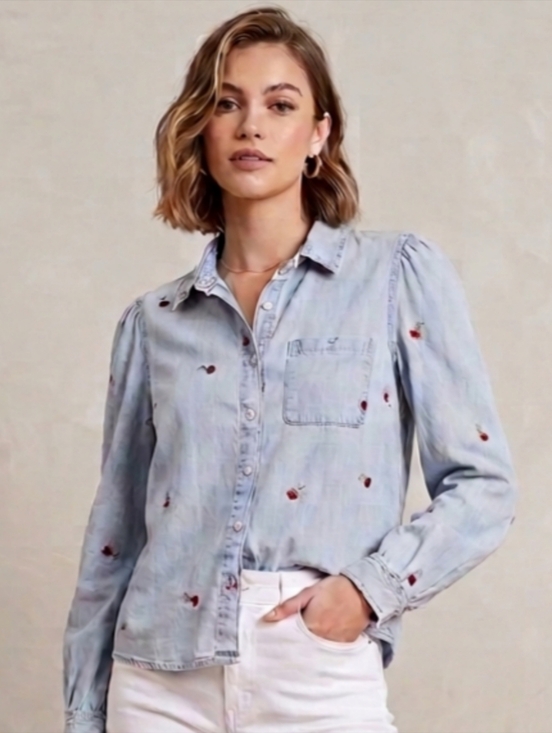 Kensie Tops - Kensie Jeans Cherry Embroidered Chambray Denim Shirt Large